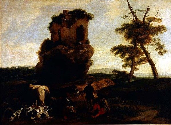 旅人が宿の近くで休んでいる風景 作： ミケランジェロ・セルコッツィ