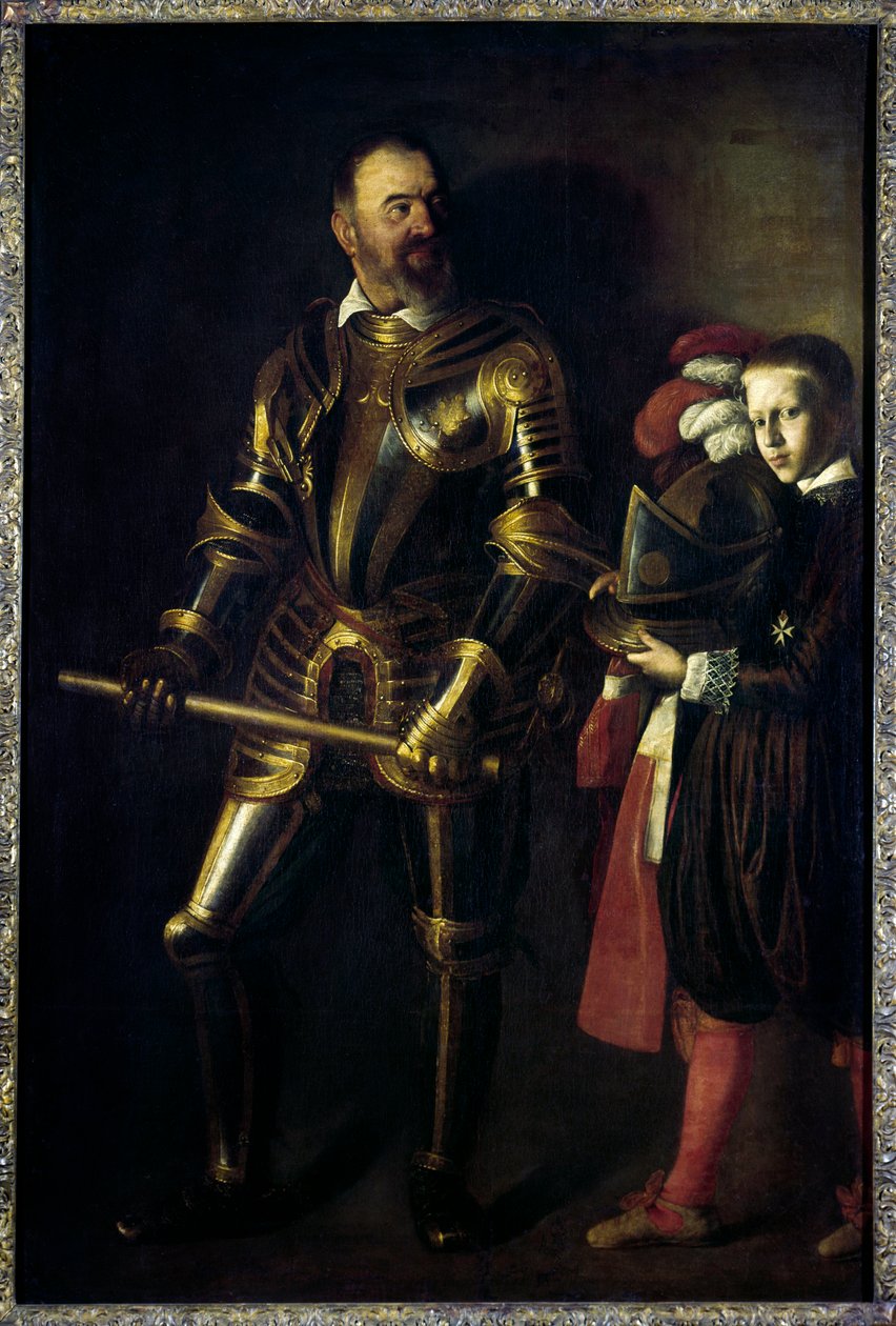 Alof de Wignacourt（1547-1622）1601年から1622年までマルタ騎士団のグランドマスターを務めた人物とそのページの足元の肖像 Michelangelo Merisi dit Le Caravaggio ou il Caravaggio（1571-1610）1608 Sun.1,94x1,34 m 作： ミケランジェロメリシダカラヴァッジョ
