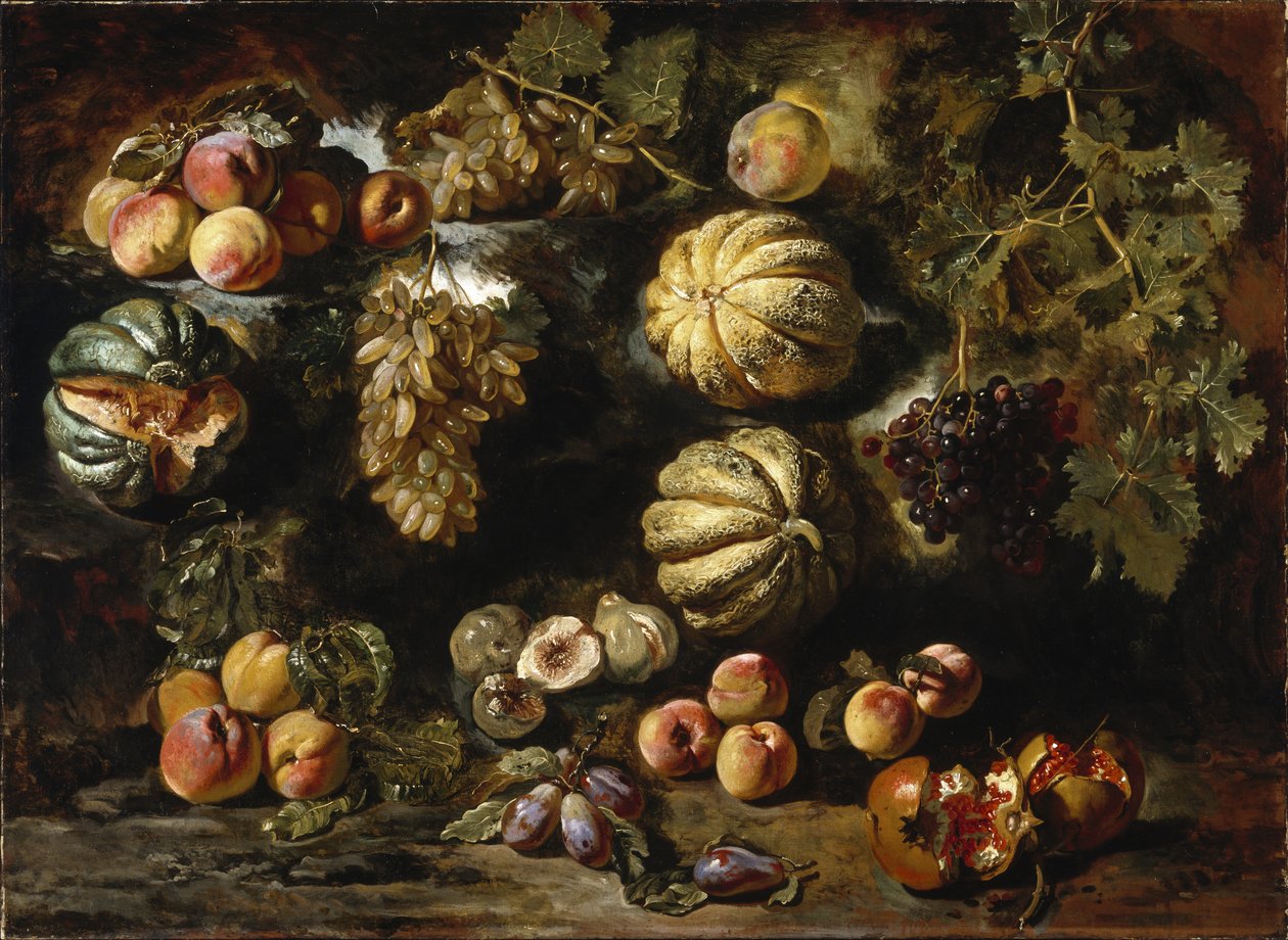 メロン、桃、イチジク、ブドウのある静物c。 1640-1650 作： ミケーレ・ペース・デル・カンピドリオ