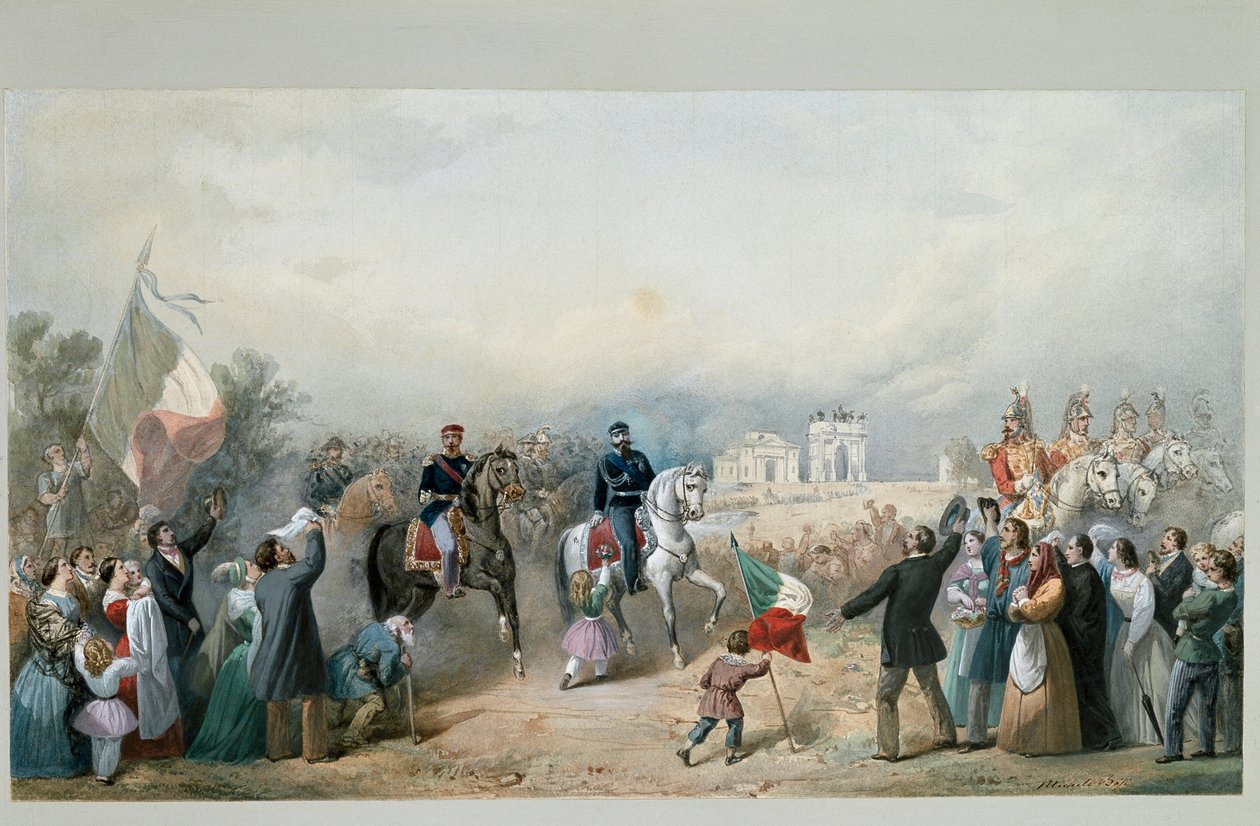 1859 年 6 月 8 日にサルデーニャ王ヴィットリオ エマヌエーレ 2 世とナポレオン 3 世がミラノに凱旋入場 (水彩画) 作： ミケーレ・ビシ