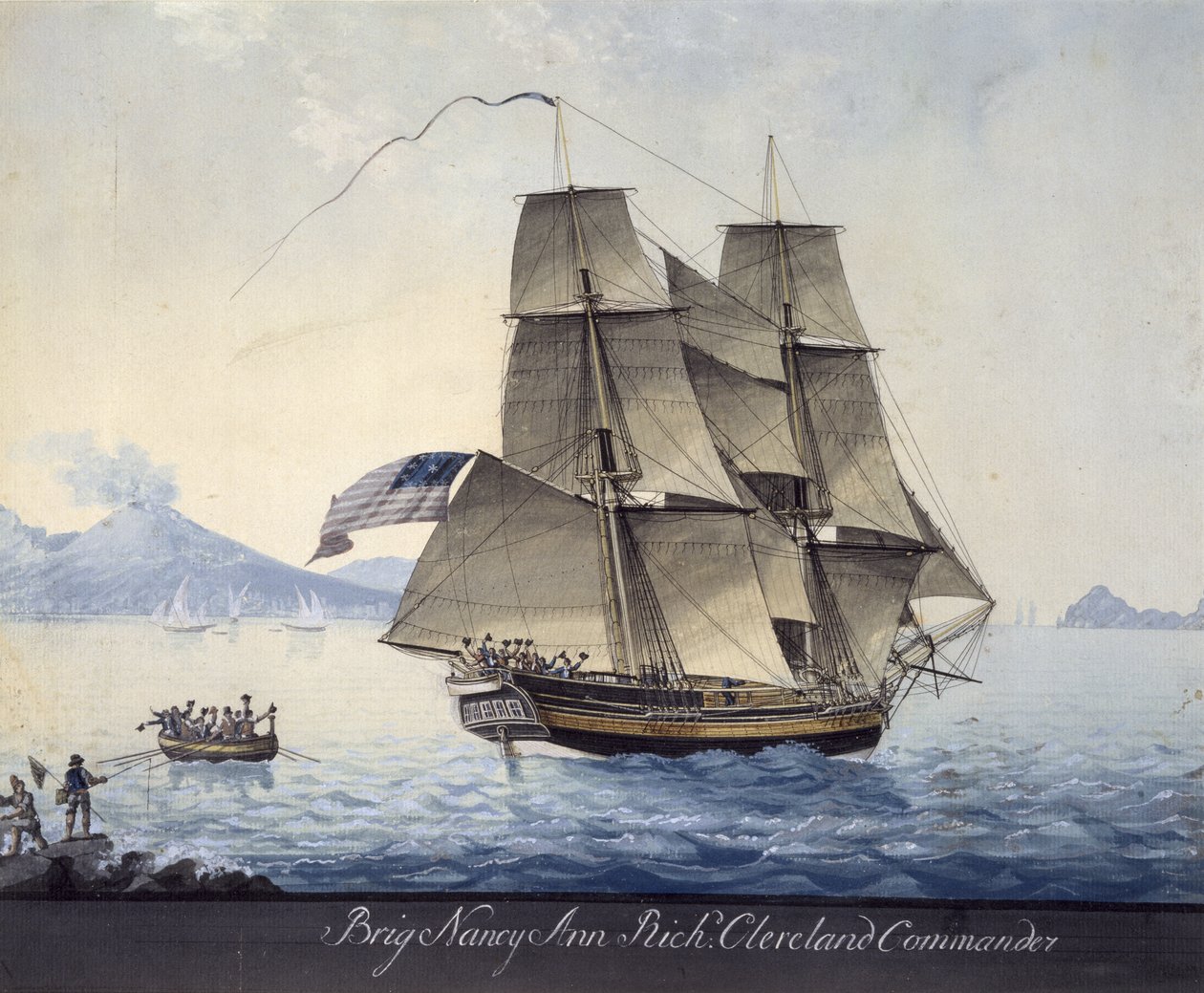 ナポリを去るセーラムのブリッグ・ナンシー・アン、1810年頃（紙に水彩画） 作： ミケーレ・フェリーチェ・コーン
