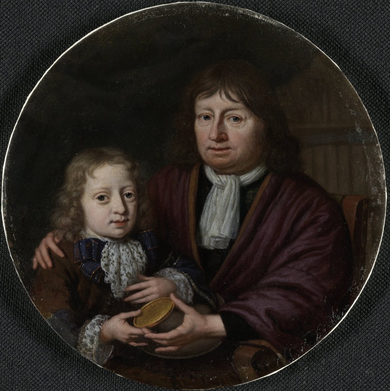 アイザック・ポンタヌスとヘンドリック・ファン・ベークの二重の肖像 アイザック・ポンタヌス (1625-1710) が孫のヘンドリック・ファン・ベークに金メダルを贈呈 作： Michiel van Musscher（アーティストによる署名）