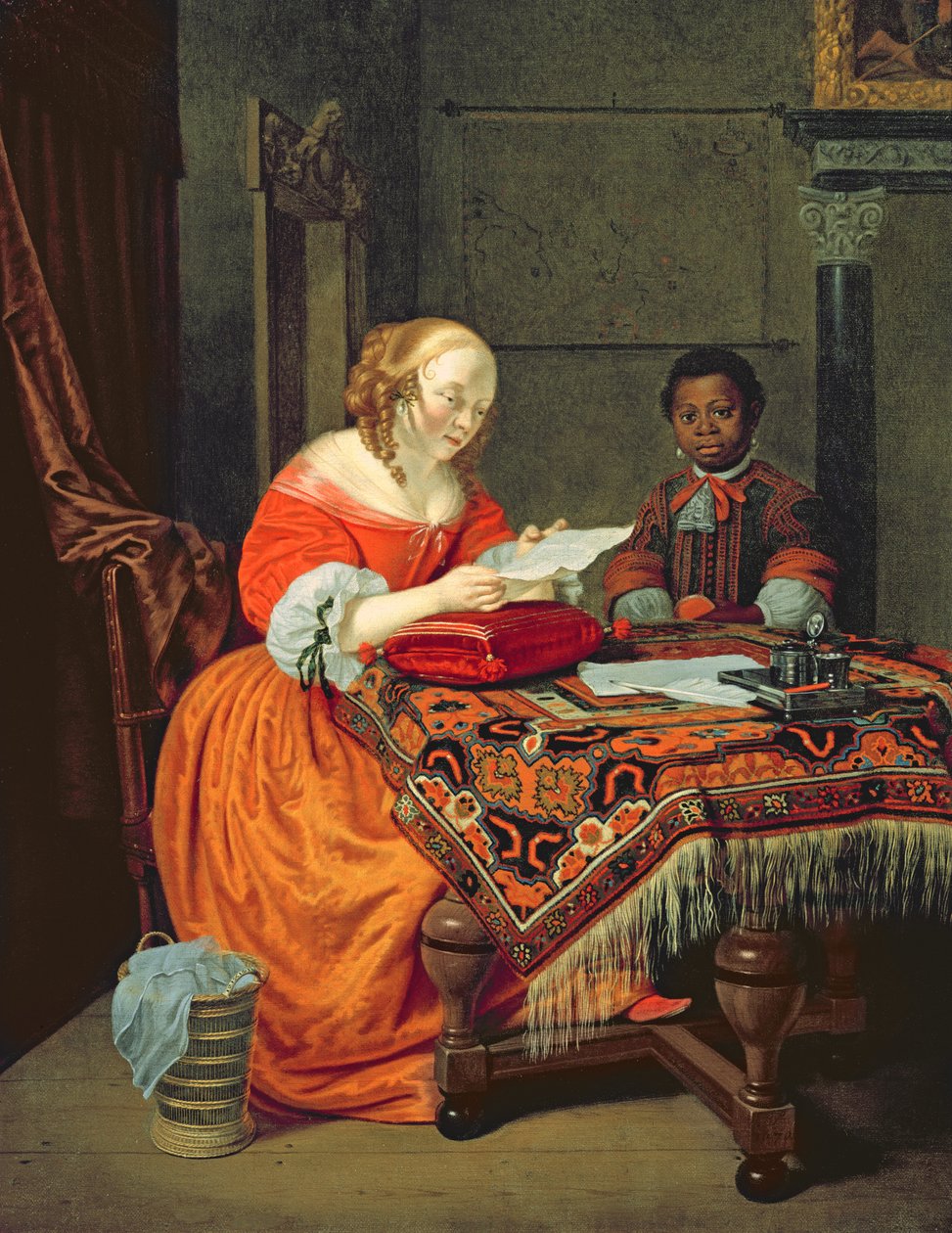 出席者が黒人で手紙を読む女性、1670年 作： ミシエル・ファン・マッシャー