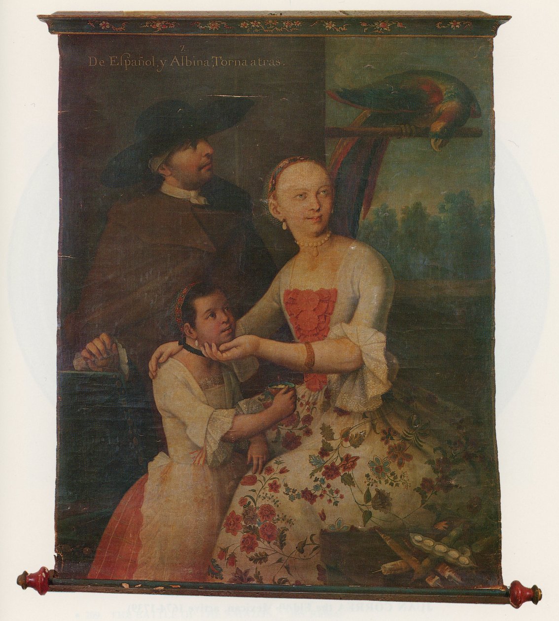 民族肖像画グループのペアの1つ、c.1763（スクロール） 作： ミゲル・カブレラ