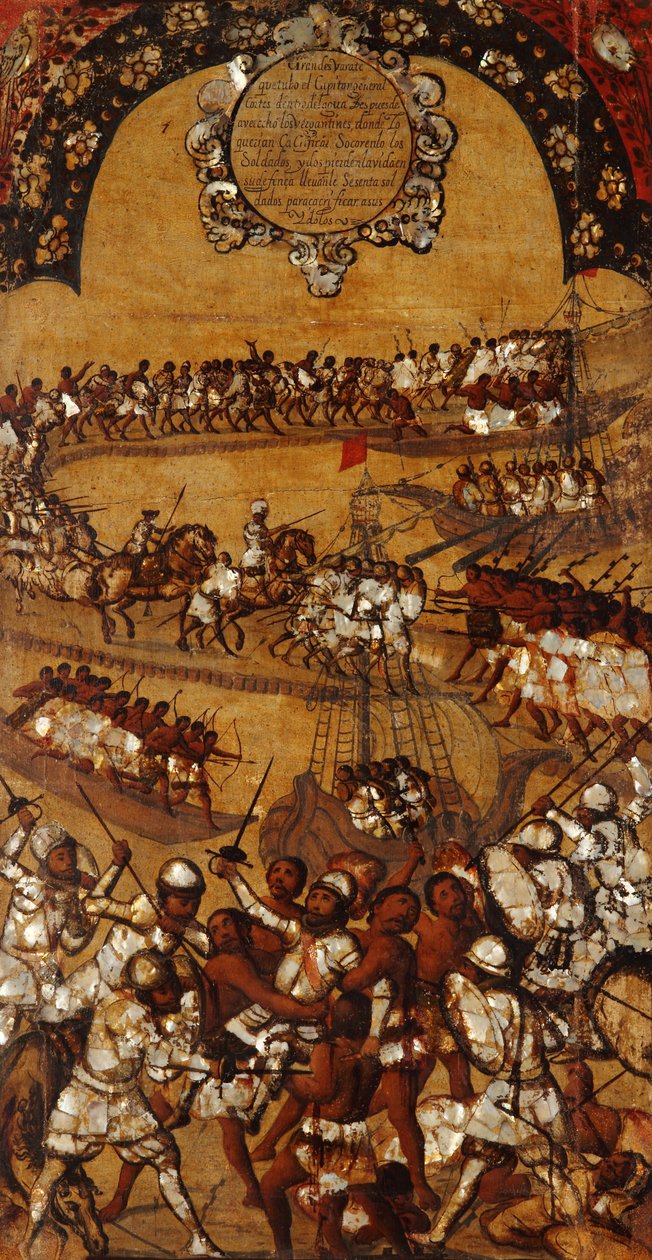 メキシコの征服、パネルXXI、1696〜1715年頃（木にペイント） 作： ミゲル・ゴンザレス