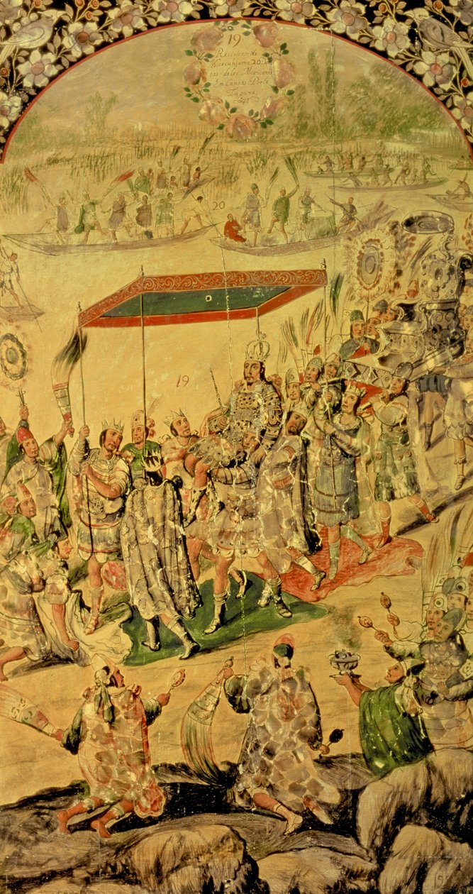 ヘルナンドコルテス（1485-1547）とモンテスマ（1466-1520）の出会いを描いた2つのパネルの1つ：モンテスマとその追随者、1698年 作： ミゲルとフアン・ゴンザレス