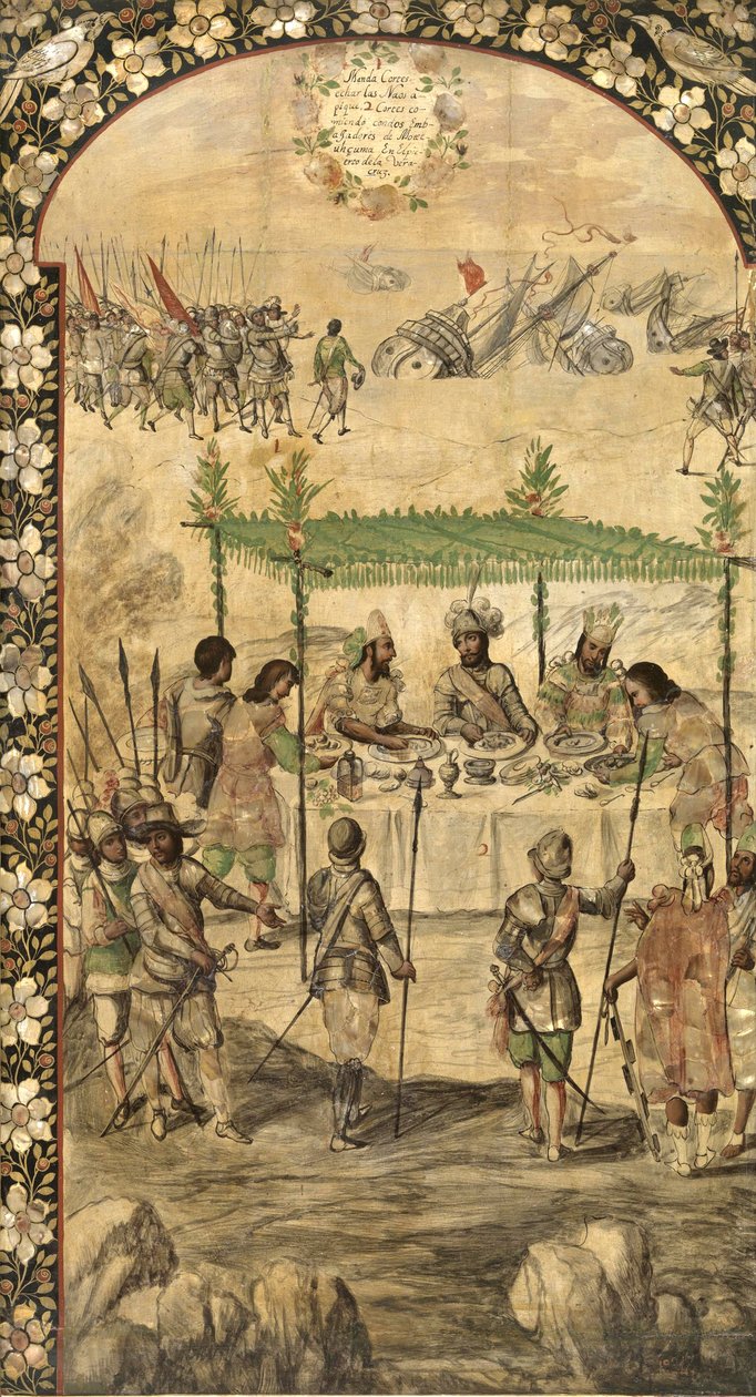 1520年、船の破壊を命じ、モンテズマ（モクテスマ、モテヅマ、モテクフゾマ）（1466-1520）の大使と会談 - エルナン・コルテスによるメキシコ征服 par Gonzalez, Miguel and Juan（17世紀末に活躍）。木に油彩、サイズ : 作： ミゲルとフアン・ゴンザレス
