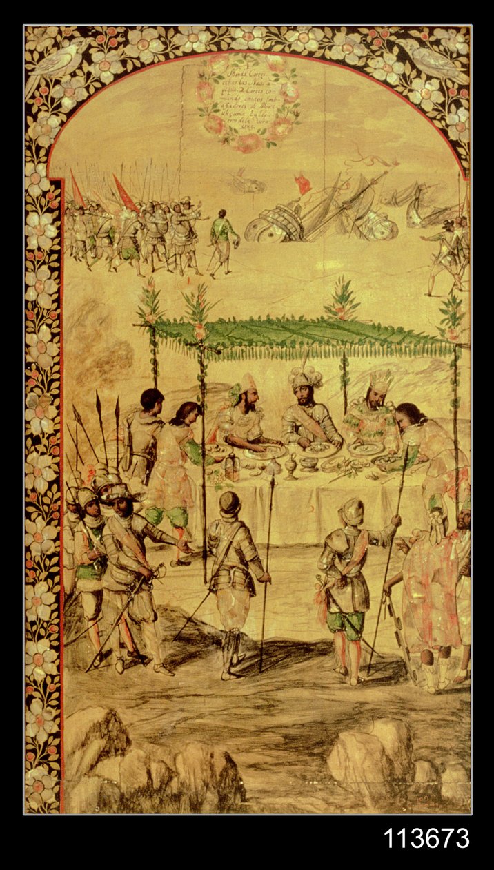 メキシコの征服: エルナンド・コルテス (1485-1547) は船の破壊を命じ、1520 年にモンテスマ (1466-1520) の大使と会う 作： ミゲルとフアン・ゴンザレス