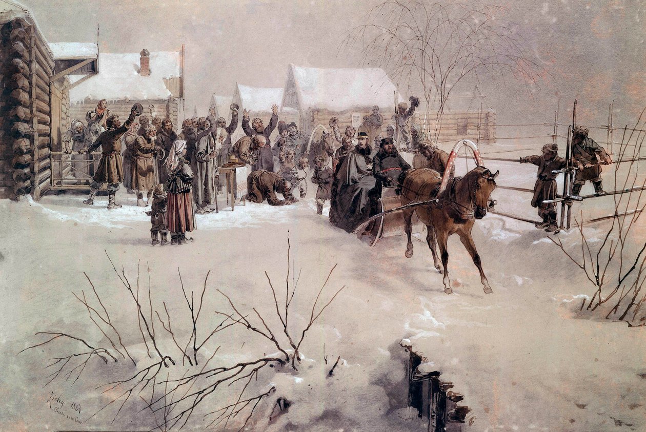 そりに乗って雪の降る村を横切る皇帝アレクサンドル2世（1818-1881） ミハーイ・フォン・ツィーシー（1827-1906）による水彩画 19世紀 サンクトペテルブルク、ペテルホフ城 作： ミハイ・バイ・ジキー
