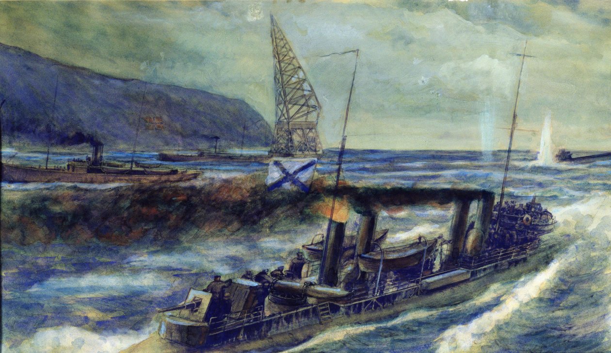 1940年10月20日、バレンツ海でロシアの駆逐艦グロゾボイによって沈没したドイツのuボートU 56 作： ミハイル・ミハイロヴィチ・セミョーノフ