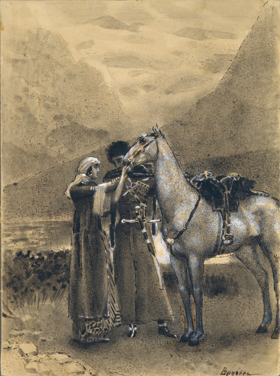 イスマイルとザラの別れ。ミハイル・レルモントフ作「Ismail Bey」の詩の挿絵、1890〜1891年 作： ミハイル・アレクサンドロヴィチ・ヴルーベリ