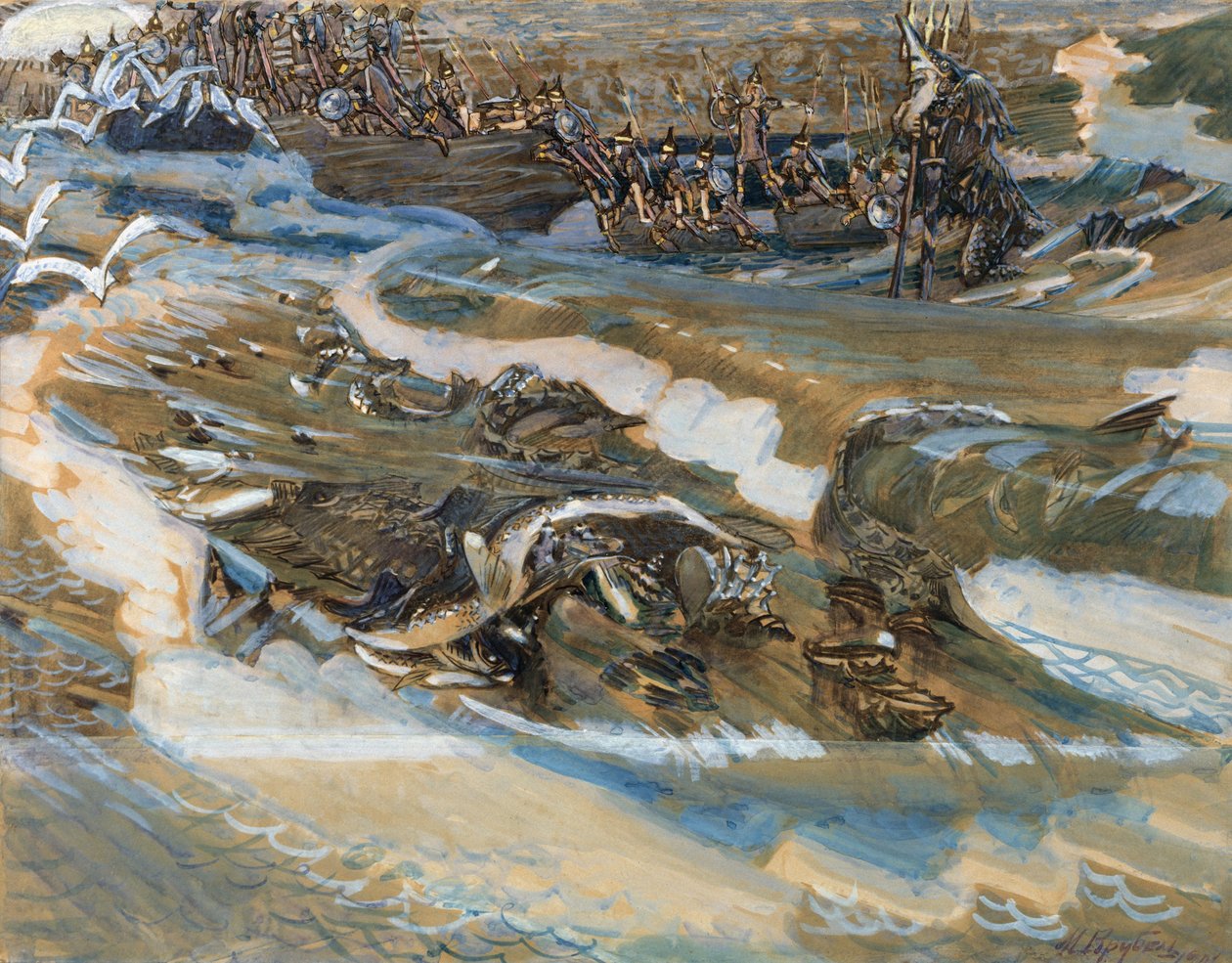 プーシキン作のサルタン皇帝のおとぎ話のイラスト、1901 作： ミハイル・アレクサンドロヴィチ・ヴルーベリ