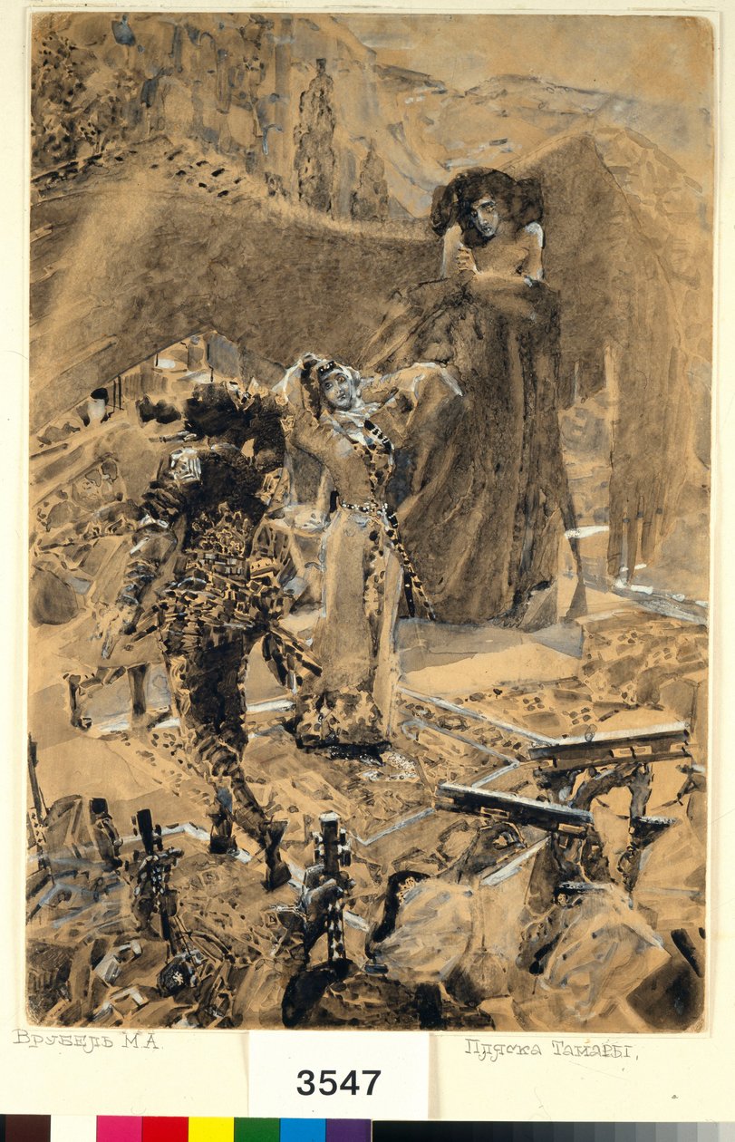 タマラのダンス - ミハイル・レールモントフ (1814-1841) の詩「悪魔」からのイラスト - ミハイル・アレクサンドロヴィッチ・ヴルベル (ヴルベル) のアートワーク (1856-1910) 作： ミハイル・アレクサンドロヴィチ・ヴルーベリ
