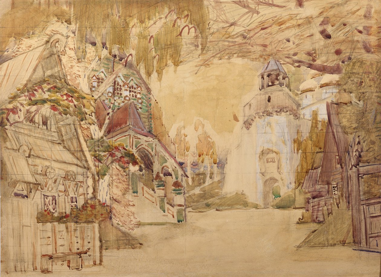 オペラの舞台デザイン、N。リムスキーコルサコフ作「ツァーの花嫁」（1899年） 作： ミハイル・アレクサンドロヴィチ・ヴルーベリ