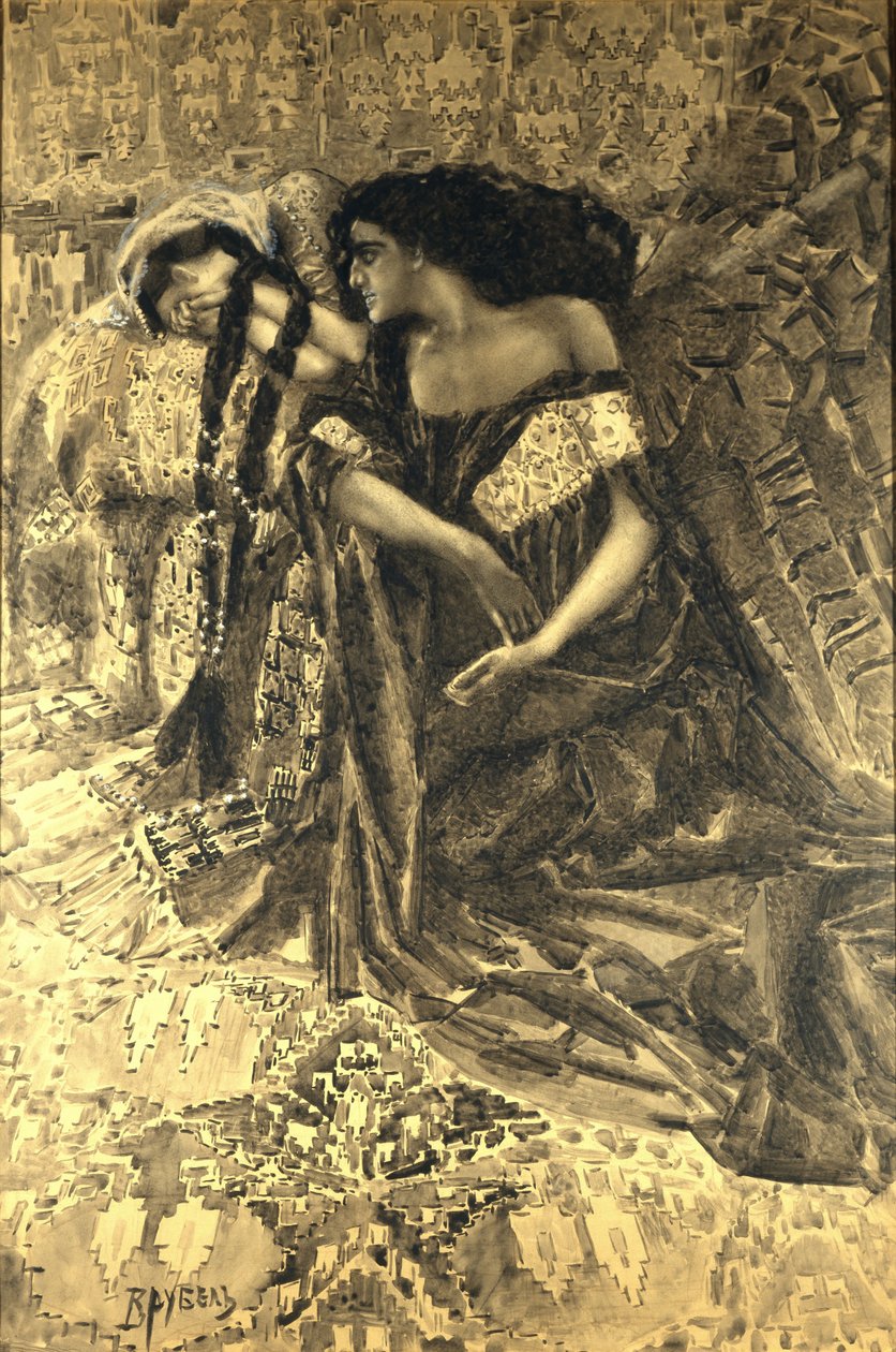 タマラと悪魔。ミハイル・レールモントフ作の詩「The Demon」のイラスト、1890〜1891年 作： ミハイル・アレクサンドロヴィチ・ヴルーベリ