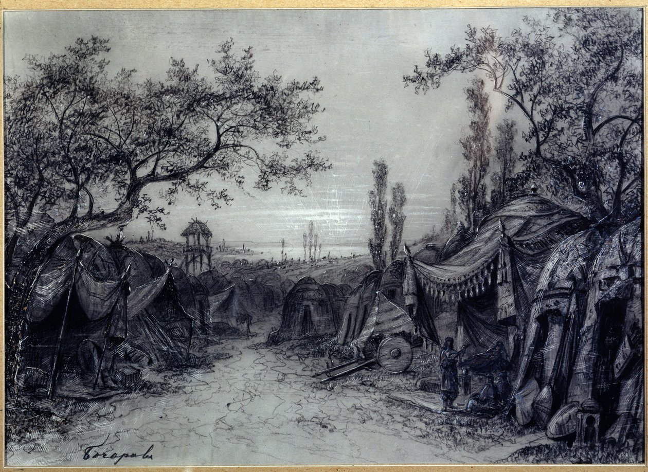 Bühnenbild für die Oper "Fürst Igor" von A. Borodin. Ein Militärlager mit Zelten, umgeben von Bäumen, mit drei Figuren, darunter ein Musiker von Mikhail Ilyich Bocharov