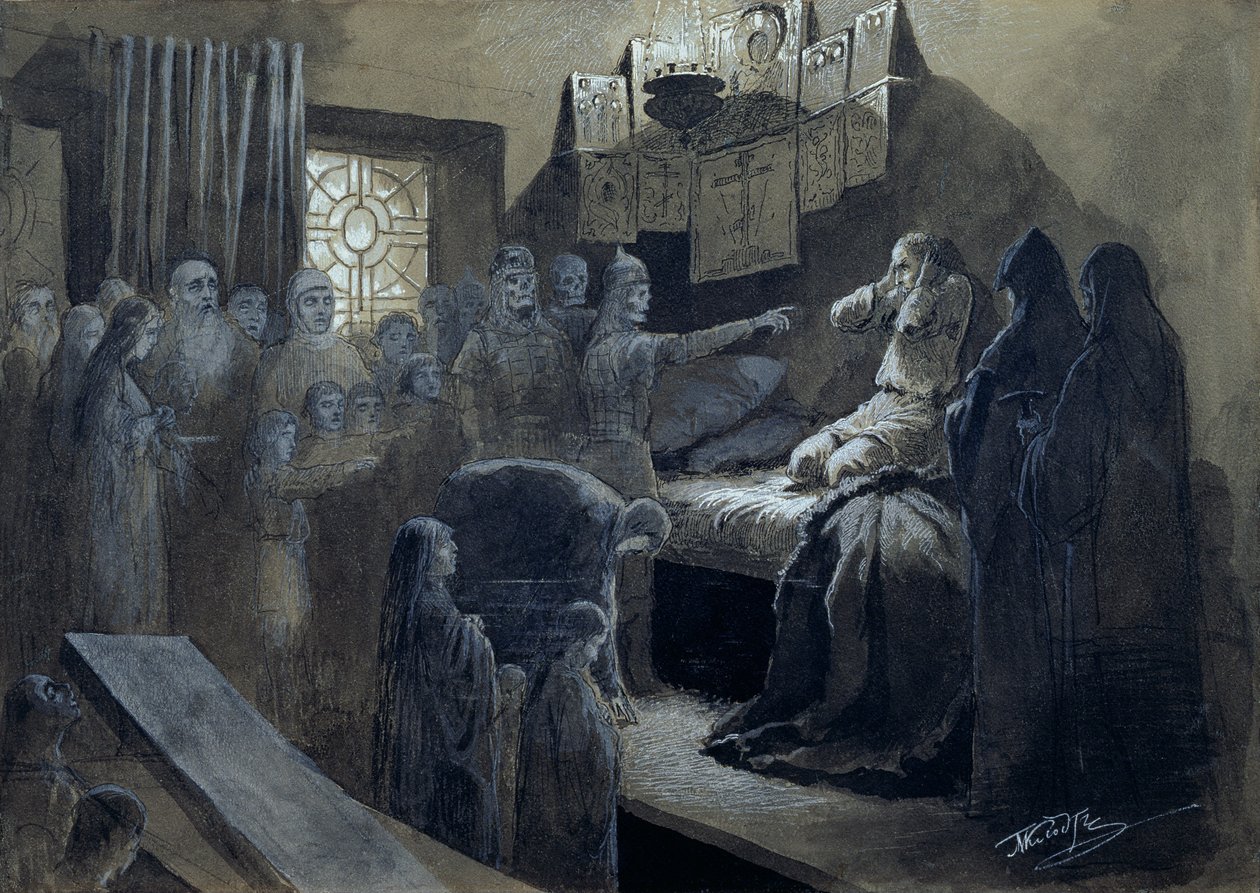 Ivan IV（1530-84）ひどい殺害された者の幽霊が訪れた恐ろしいもの（紙とボディカラーのペンとインク） 作： ミハイル・コンスタンティノヴィッチ・クロード