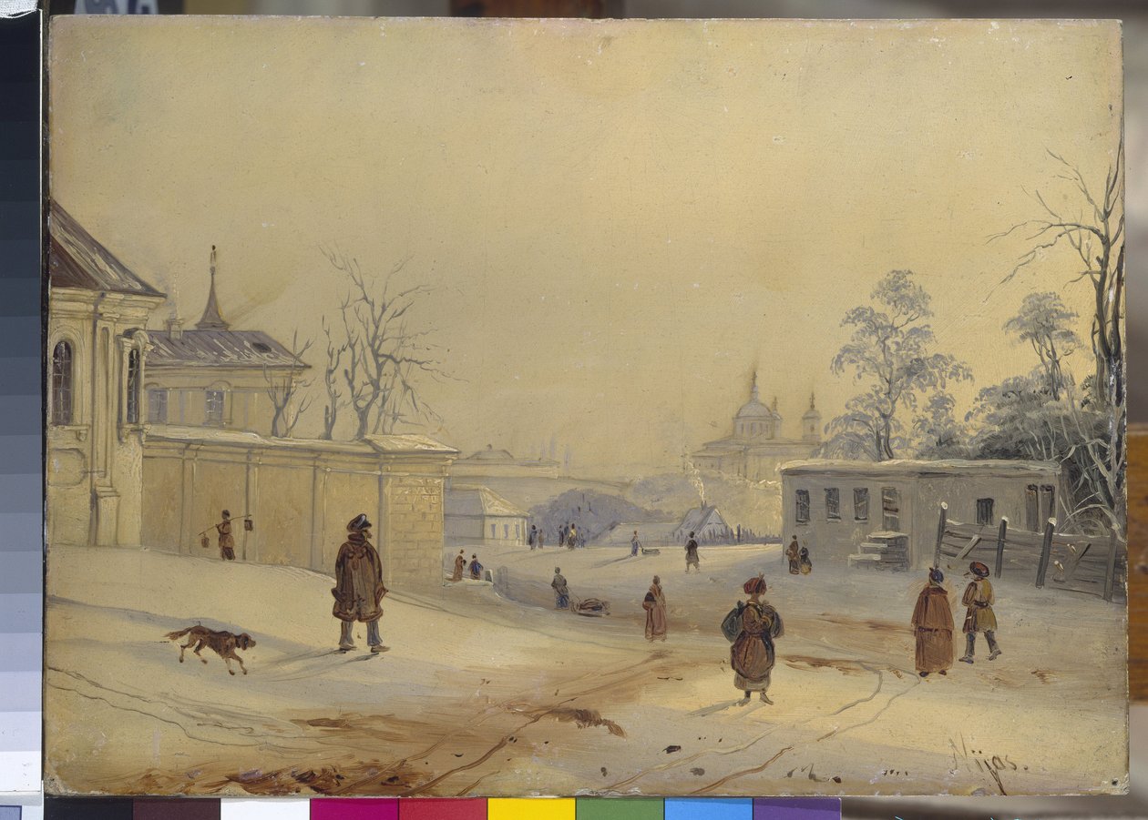 キエフのウラジミールの丘 (キエフのウラジミールの丘 (Vladimirskaya Gorka))。 雪の下の風景。 Mikhail Makarovich Sazhin (1818-1887) の作品、ボール紙に油彩。 19世紀のロシア美術。 国立ロシア美術館、サンクトペテルブルク 作： ミハイル・マカロヴィッチ・サジン