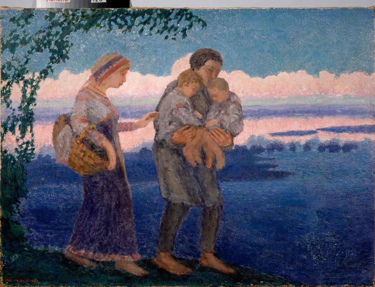 夕方の帰郷 - ミハイル・ニコラエヴィチ・ヤコブレフ (1880-1942) の絵画、キャンバスに油彩 作： ミハイル・ニコラエヴィッチ・ヤコブレフ