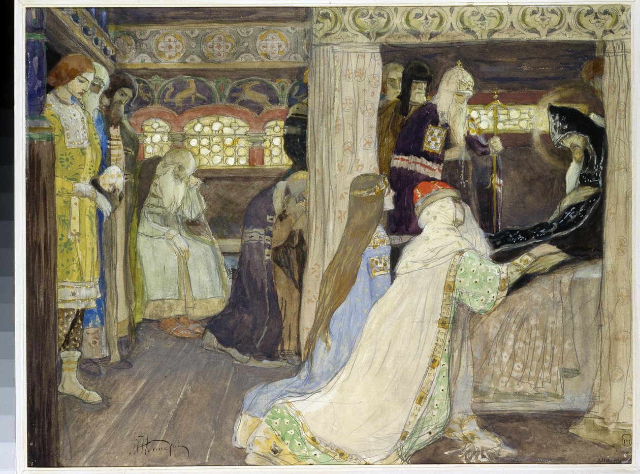 アレクサンドル ネフスキー大公 (1220-1263) の死。 （大公アレクサンドル・ネフスキーの死）。 Mikhail Vasilyevich Nesterov (1862-1942) の作品、紙に水彩、グワッシュ 作： ミハイル・ヴァシリエヴィチ・ネステロフ