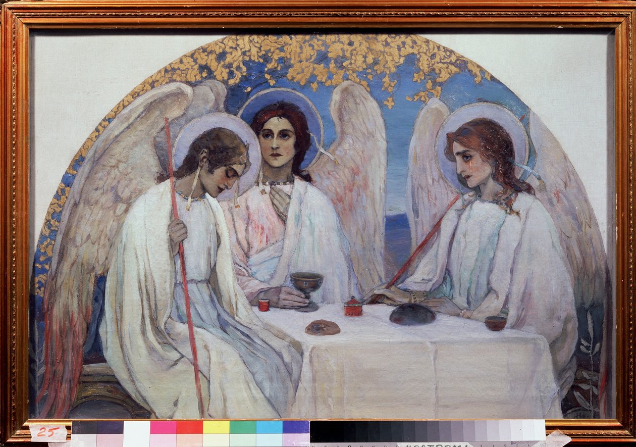 Die Gastfreundschaft Abrahams. Die Dreifaltigkeit des Alten Testaments. Darstellung der drei Engel, die Abraham bei der Eiche von Mamre erschienen von Mikhail Vasilievich Nesterov