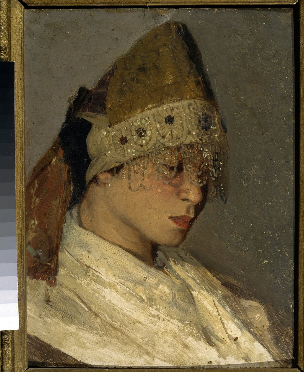 Kokochnik (A Girl With Kokoshnik) を着た少女。 ロシア女性の伝統的な頭飾りで、後ろをリボンで結び、前はビーズと刺繍で飾られています。 Mikhail Vasilyevich Nesterov (1862-1942) による絵画、木に油彩 作： ミハイル・ヴァシリエヴィチ・ネステロフ