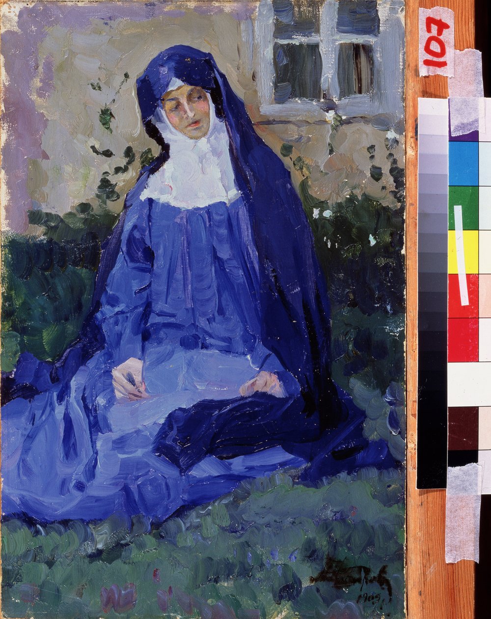 修道女（修道女）。 Mikhail Vasilyevich Nesterov (1862-1942) の作品、ボール紙に油彩 作： ミハイル・ヴァシリエヴィチ・ネステロフ