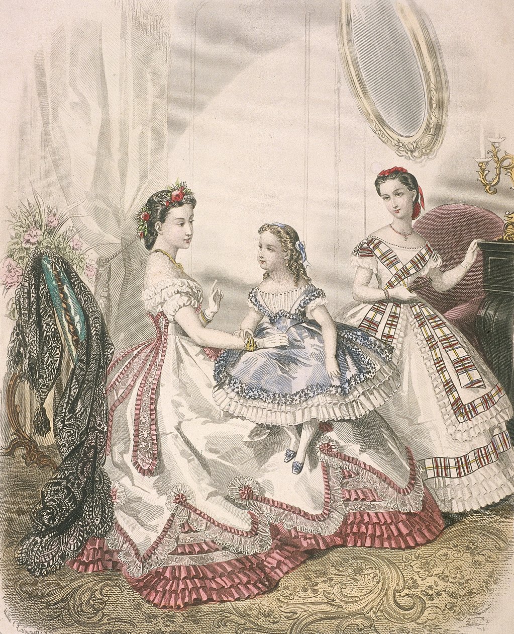最新のインドア ファッションを着た 2 人の女性と小さな女の子、c1860 作： ミリア・ラクーリエール