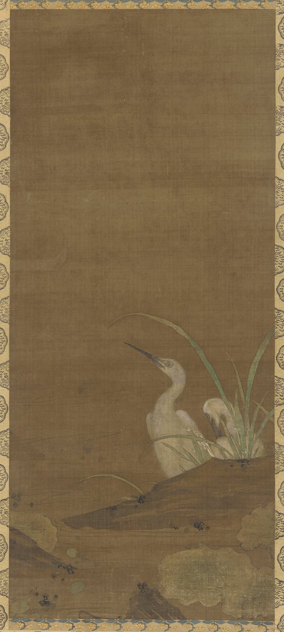 サギと水生植物（シルクのインクと色） 作： 明代中国学校