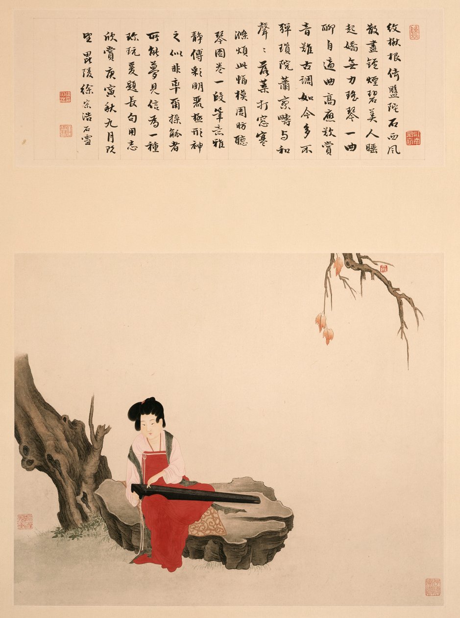 秦を演じる岩の上に座っている女性（巻物、マウントされ、額装され、紙にインクと色） 作： 明玉