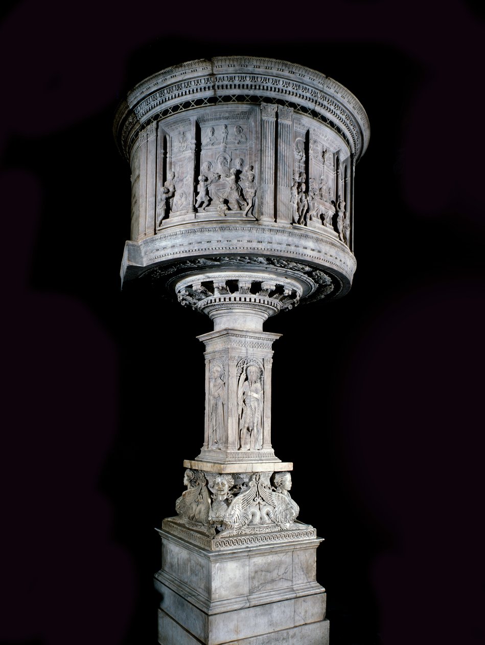 ルネッサンス美術。ミノ・ダ・フィエーゾレ（1429-1484）とアントニオ・ロッセリーノ（1427-1479）が彫刻したパスクィーノ・ディ・マッテオ（1425-1485）の椅子（白大理石の説教壇（1469-1473）、アントニオ・ロッセリーノとミノ・ダ・フィエーゾレのレリーフ付き 作： ミノダフィエゾレ