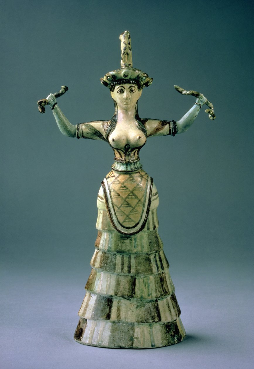 蛇の女神の置物、紀元前1600年頃のレプリカ（釉薬が塗られた陶器） 作： ミノアン