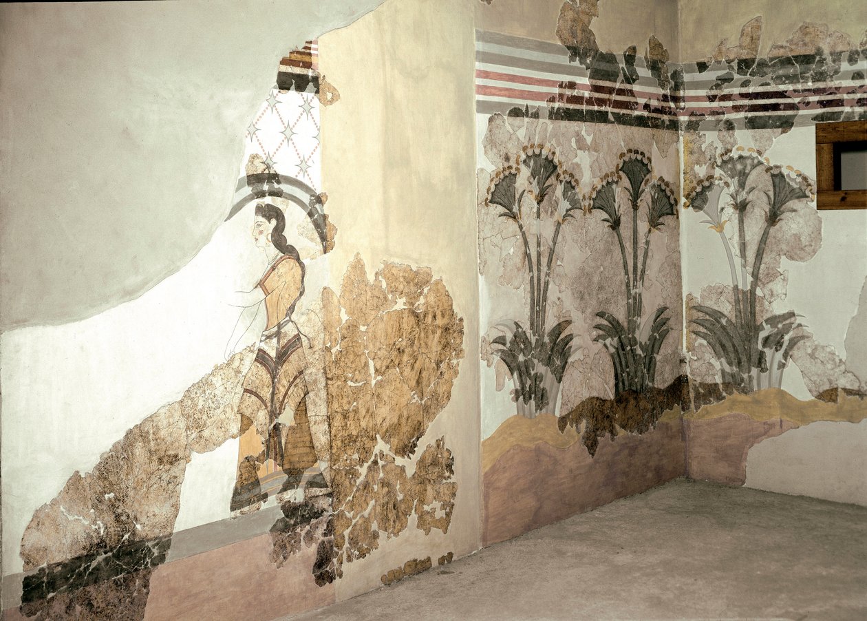 ミノア美術。サントリーニ島アクロティリのフレスコ画「リースを持つ女」。紀元前16世紀。アテネ、国立考古学博物館 作： ミノアン