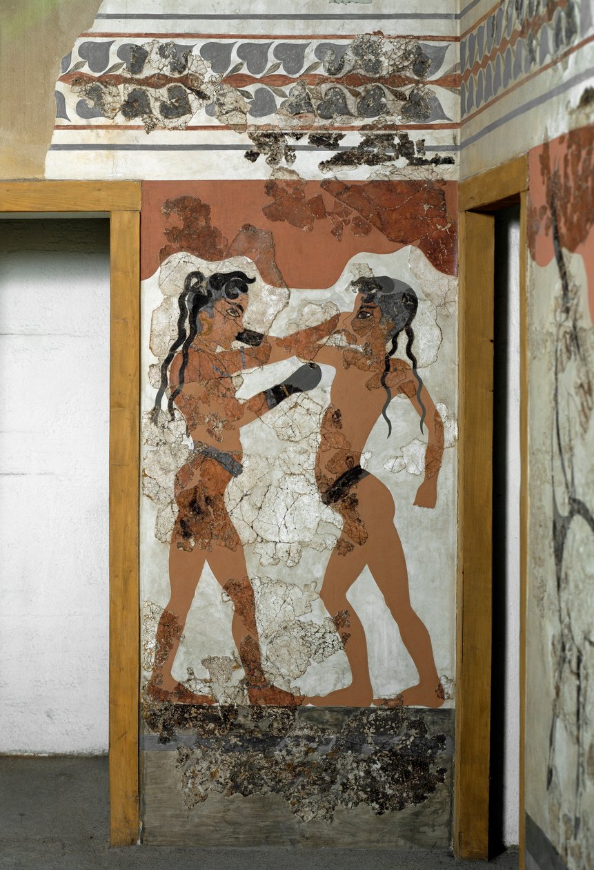 ミノア美術。"fighting between two boxers" アクロティリからサントリーニまでのフレスコ画。紀元前16世紀。アテネ、国立考古学博物館 作： ミノアン
