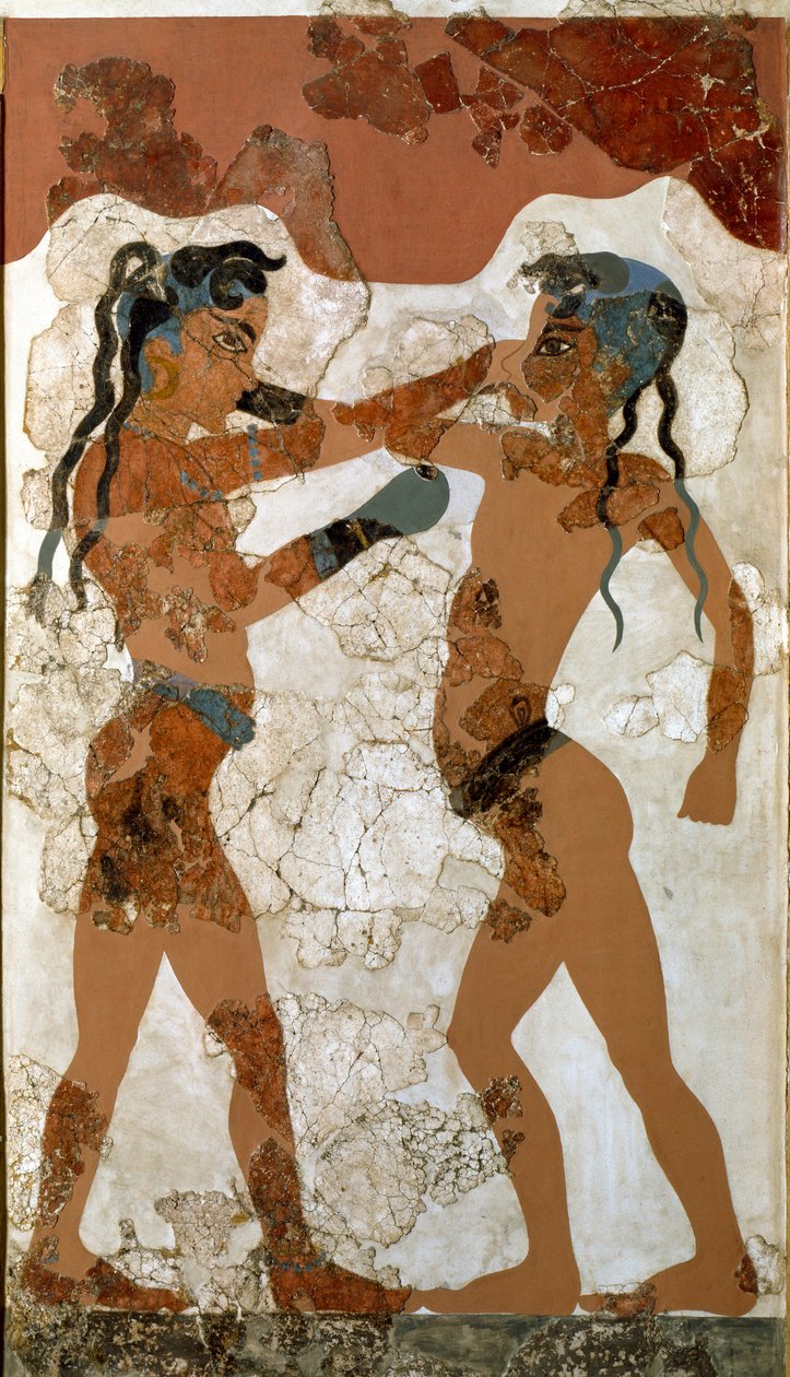 ミノア美術。"fighting between two boxers" アクロティリからサントリーニまでのフレスコ画。紀元前16世紀。アテネ、国立考古学博物館 - ミノアの芸術。ミノアの少年たちのボクシング。紀元前16世紀、サントリーニ島アクロティリのフレスコ画。国立考古学博物館、アス 作： ミノアン
