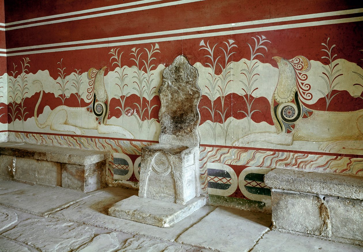 ミノア文明：クノッソス（Knossos）のミノス王の宮殿の王座の間の眺め。クレタ島 - ミノア文明：クノッソスのミノス王の宮殿の玉座の間の眺め。ギリシャ・クレタ島 作： ミノアン