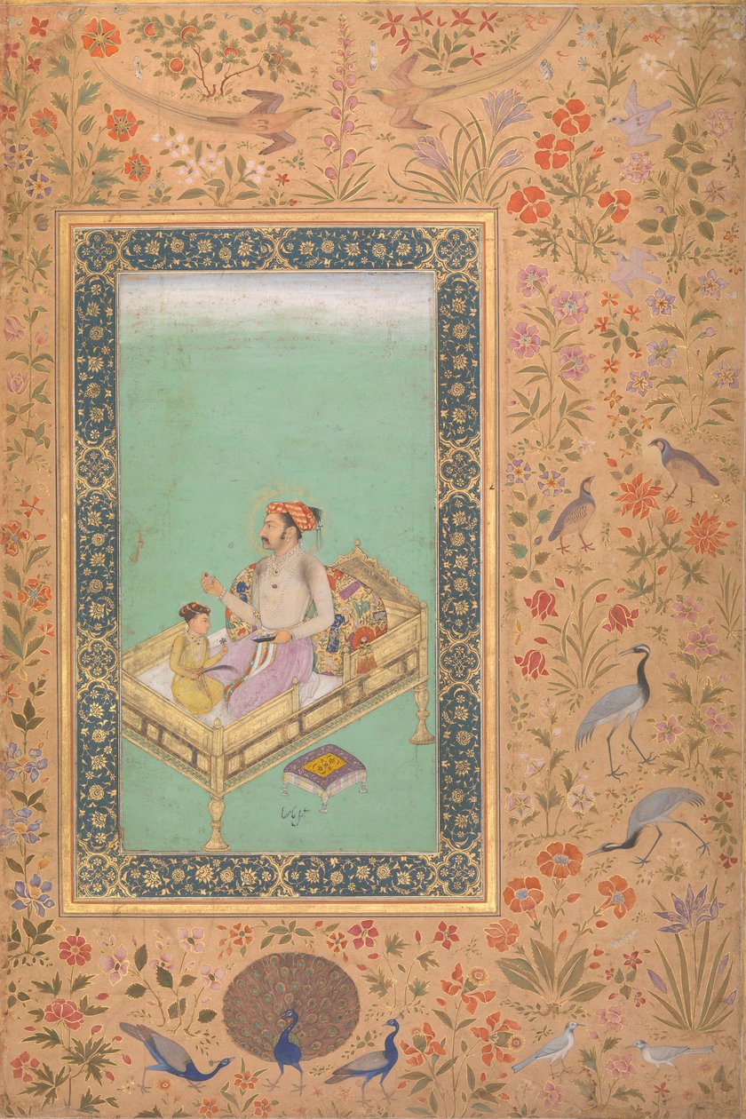 皇帝シャー・ジャハーンと息子のダラ・シコー、シャー・ジャハーン・アルバムのフォリオ、Verso: ca.1620 作： Me'Ali Haravi