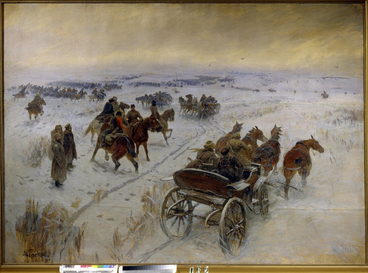 イェゴリクスカヤ (ロシア) での戦い。 ロシア内戦 (1917-1923) のエピソード、雪に覆われた平野での赤軍と白軍の騎兵隊の対立。 Mitrofan Borisovich Grekov（1882-1934）による絵画、キャンバスに油彩 作： ミトロファン・ボリソヴィッチ・グレコフ