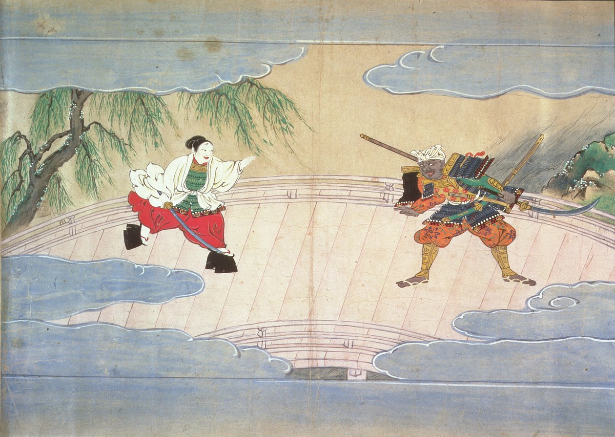 武蔵坊弁慶物語（紙に墨、顔料、銀、金） 作： 土佐後光広