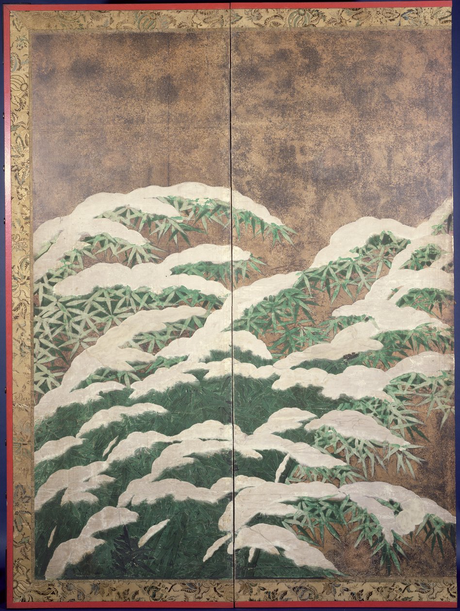 雪の中の竹、1600年頃（インク、色、紙に金と銀） 作： 土佐光義