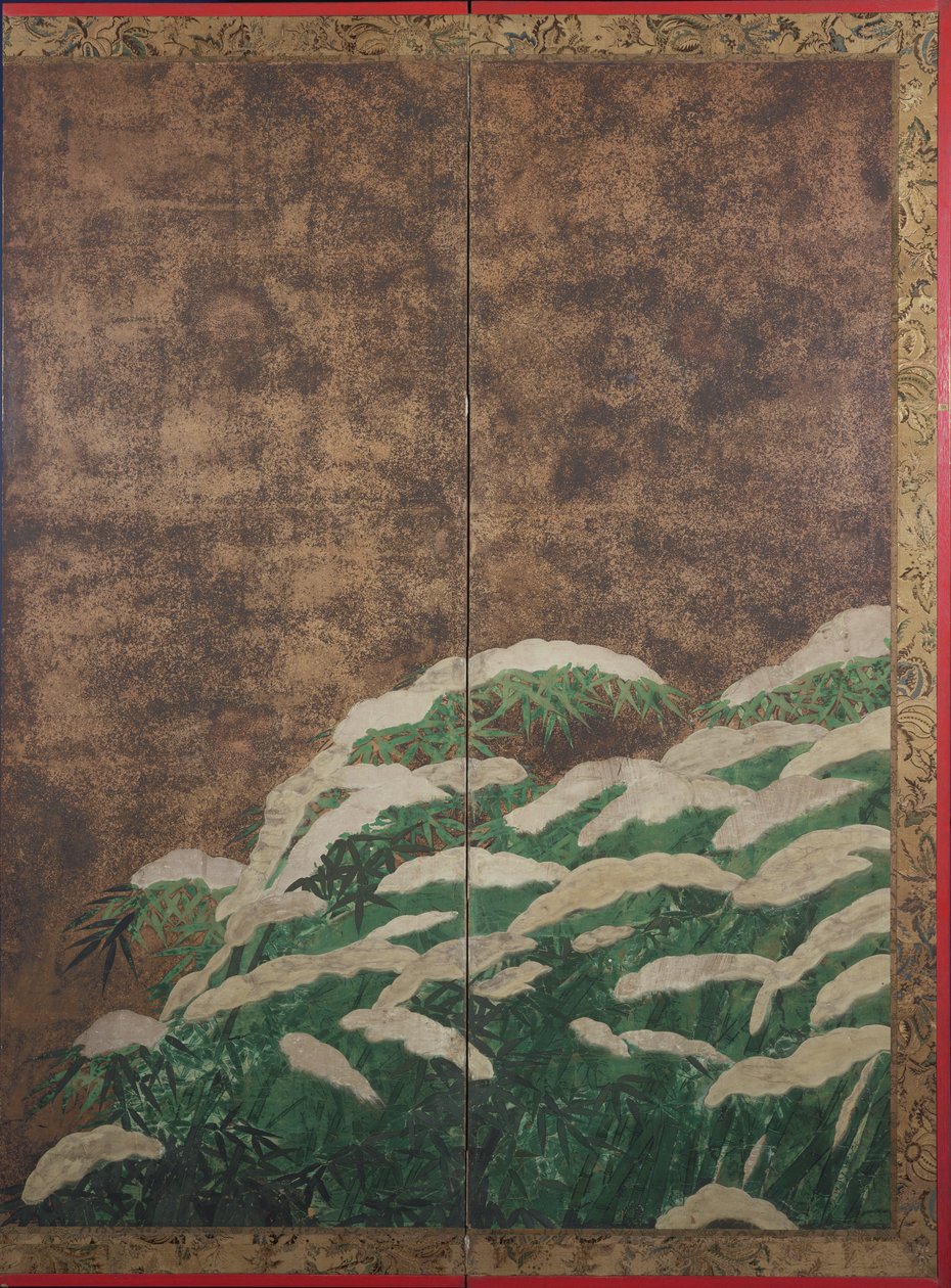 雪の中の竹、1600年頃（インク、色、金、銀、紙） 作： 土佐光義