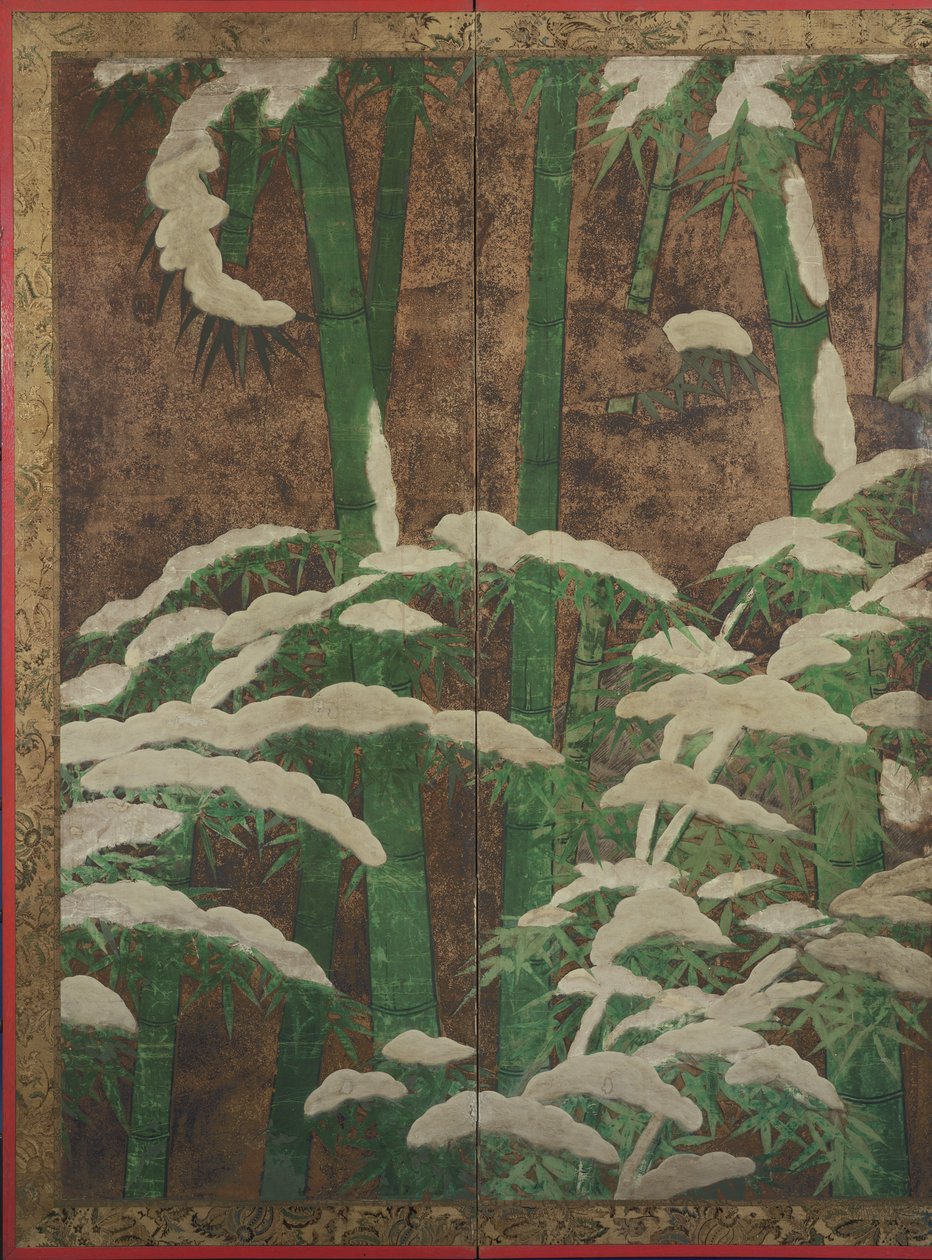 雪の中の竹、1600年頃（インク、色、金、銀、紙） 作： 土佐光義