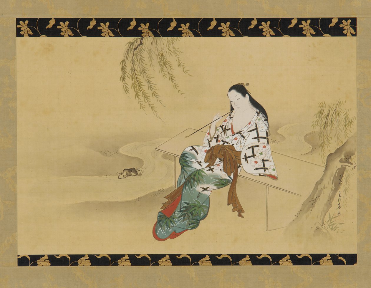 風景：ベンチに座る遊女、18世紀。 作： 宮川長春
