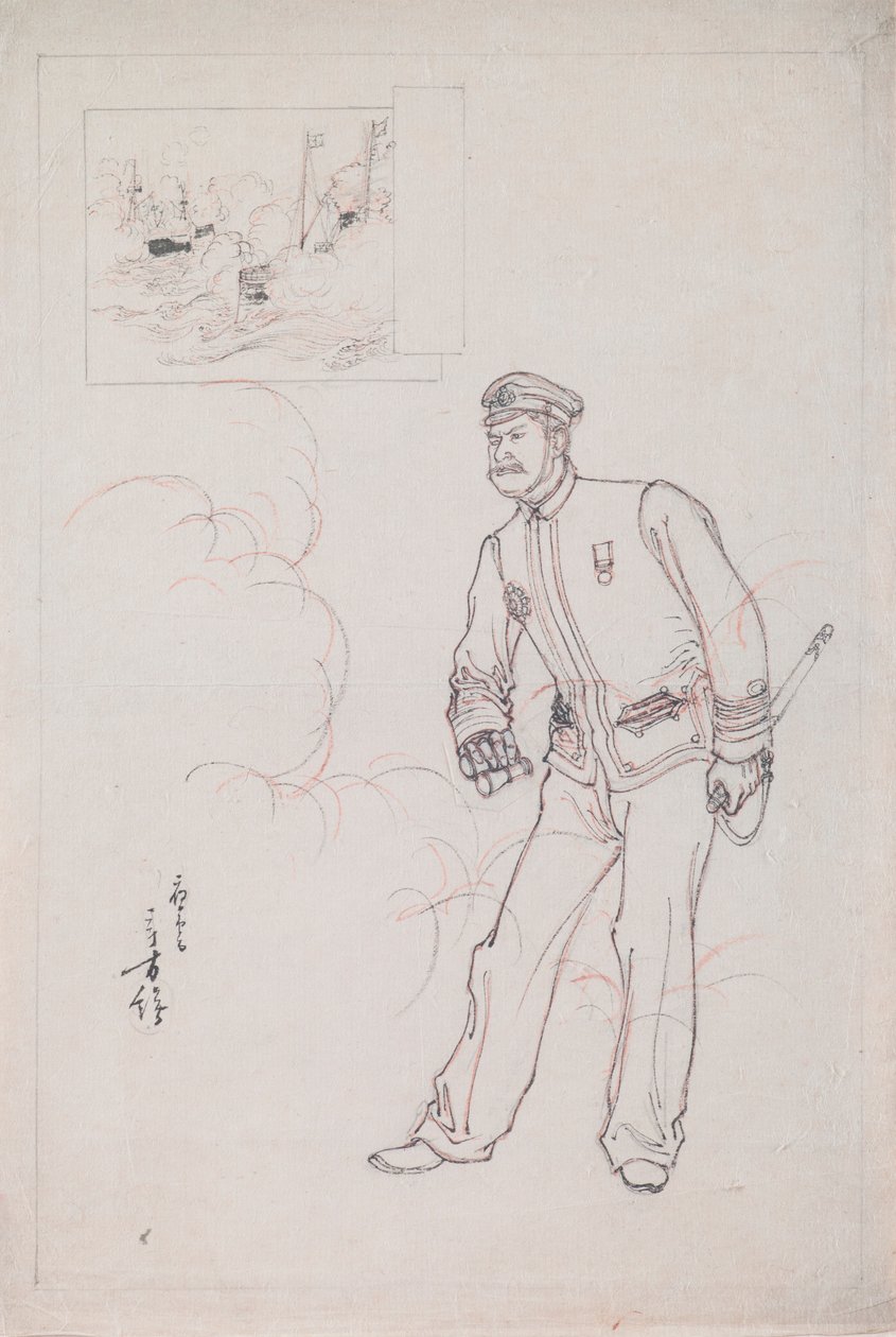 日清戦争中の日本海軍将校を描いた木版画の下絵 作： 水野年方