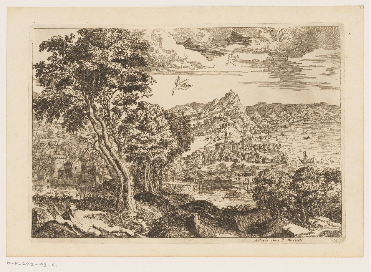 鳥が飛んでいる海岸の風景 ティツィアーノの後の風景 (連載タイトル) 作： Moise Jean-Baptiste Fouard