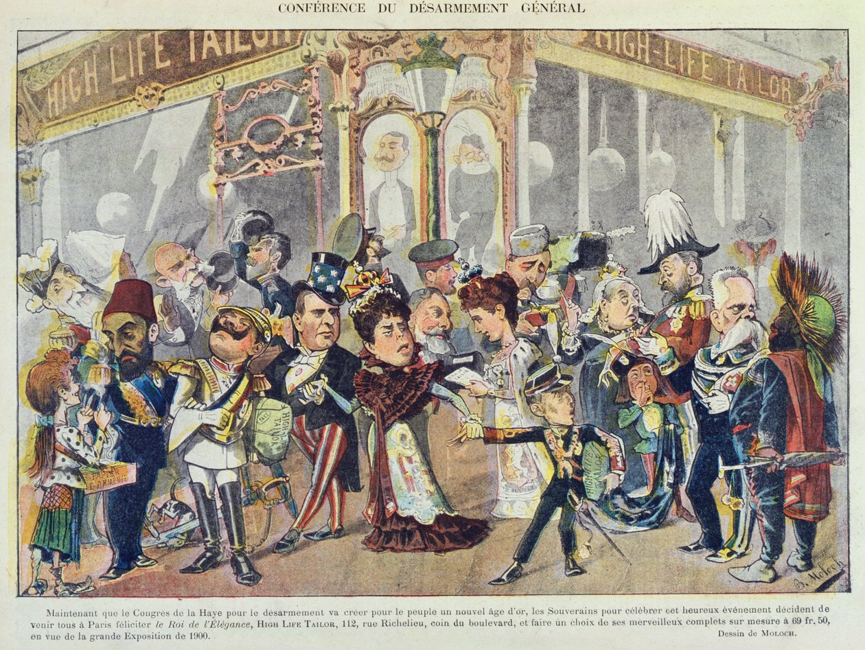 1899年の &39;Le Rire&39; Magazineからの1899年の第1回ハーグ平和会議に言及するパリの服装店の広告 作： ジャガーノート