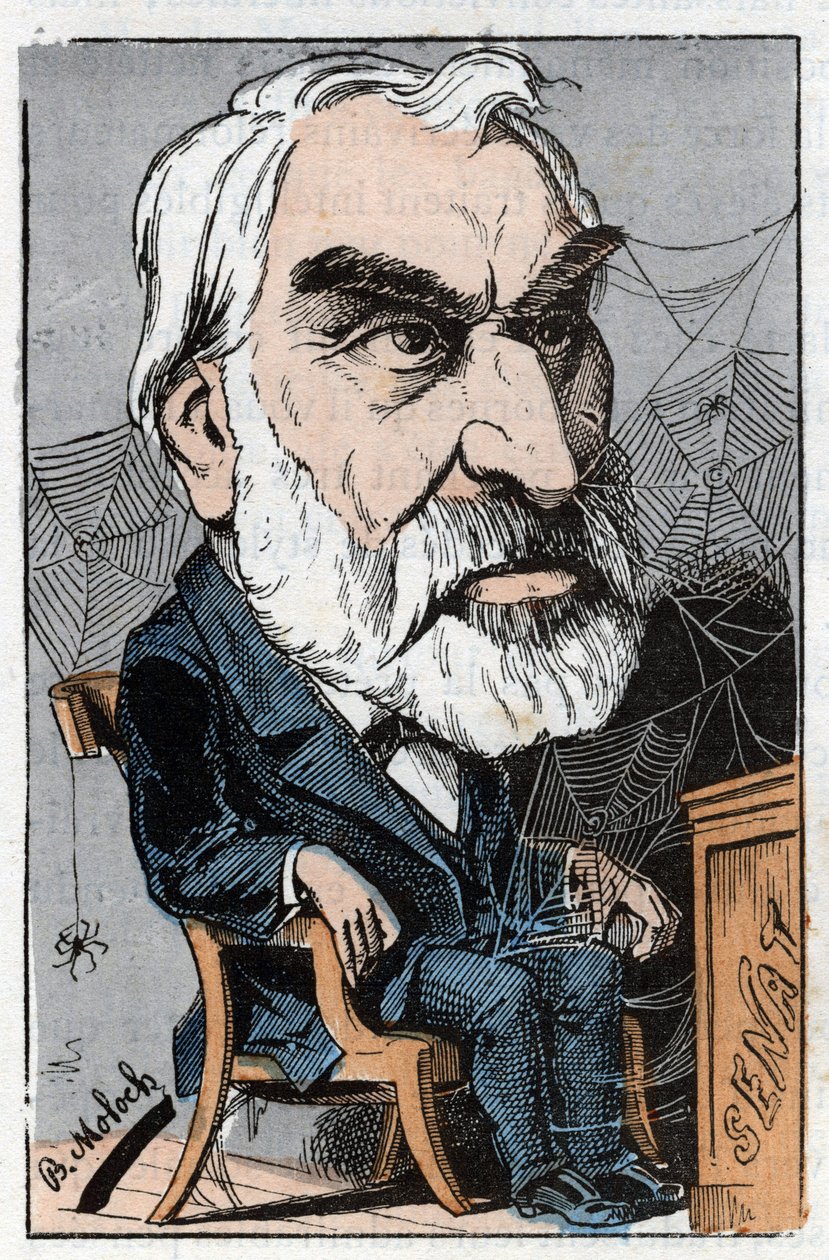 Eugene Pelletan (1813-1884) フランスの文芸ジャーナリスト、政治家、Touchatoutの "Le Trombinoscope"、1882年のB.Molochの漫画。個人蔵。 作： ジャガーノート
