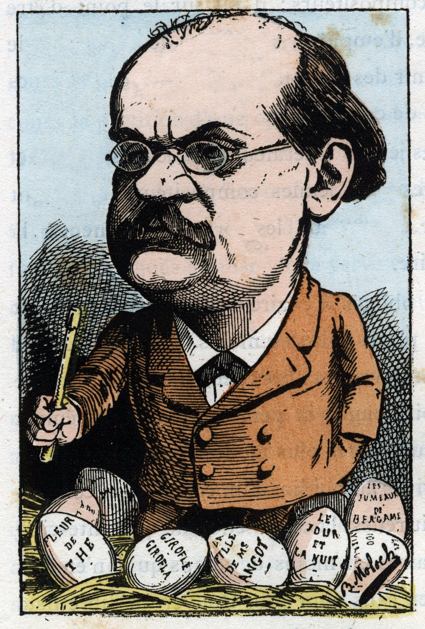 Touchatoutの「Le Trombinoscope」に登場するフランスの作曲家Alexandre Charles Lecocq（1832-1918）の肖像、1882年のB.Moloch（1849-1909）による風刺画。個人蔵。 作： ジャガーノート