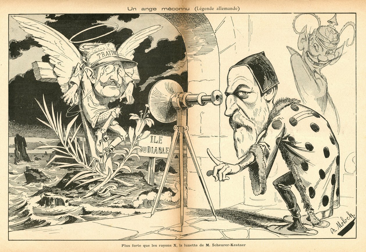 The Image for Laughter, number 4, circa 1897_11_13 - B. Moloch または Moloch (1849-1909) として知られる Alphonse Hector Columbus によるイラスト: 未知の天使 - ドレフュス事件、デビル アイランド - ドレフュス アルフレッド、シェラー ケストナー オーギュスト 作： ジャガーノート
