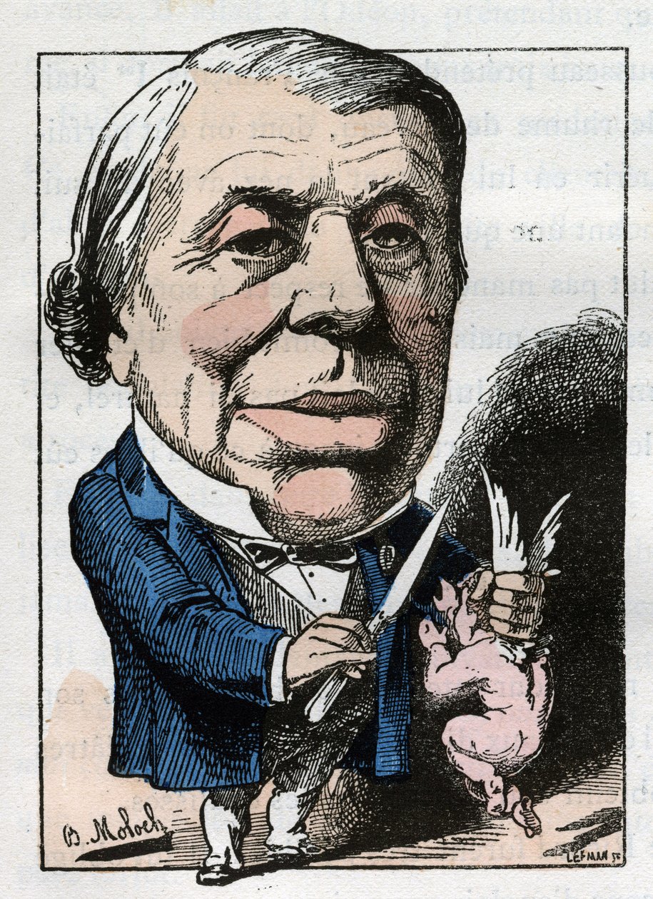 フランス人外科医フィリップ・リコルド（1800-1889）の肖像（トゥチャウト作「トロンビノスコープ」、1882年のB.モロク（1849-1909）による漫画個人蔵。 作： ジャガーノート